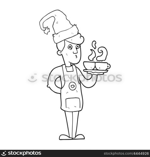 freehand drawn black and white cartoon barista serving coffee at christmas