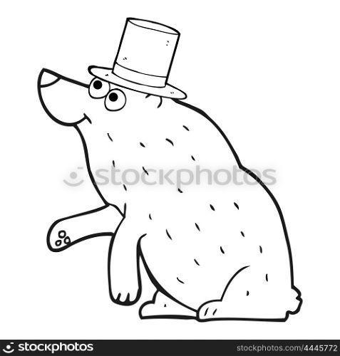 freehand drawn black and white cartoon bear in top hat