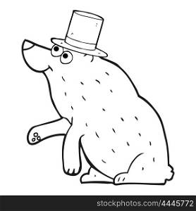 freehand drawn black and white cartoon bear in top hat