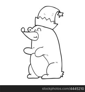 freehand drawn black and white cartoon bear wearing christmas hat