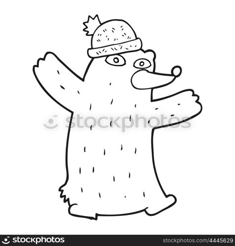 freehand drawn black and white cartoon bear wearing hat