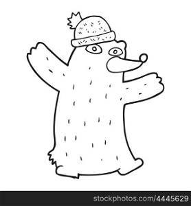 freehand drawn black and white cartoon bear wearing hat
