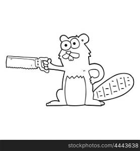 freehand drawn black and white cartoon beaver with saw