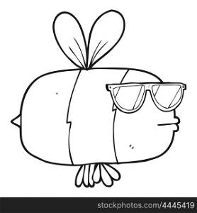 freehand drawn black and white cartoon bee wearing sunglasses