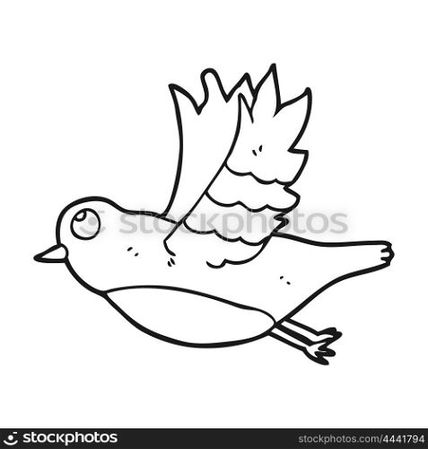 freehand drawn black and white cartoon bird flying