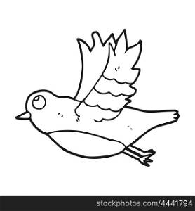 freehand drawn black and white cartoon bird flying