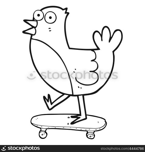freehand drawn black and white cartoon bird on skateboard