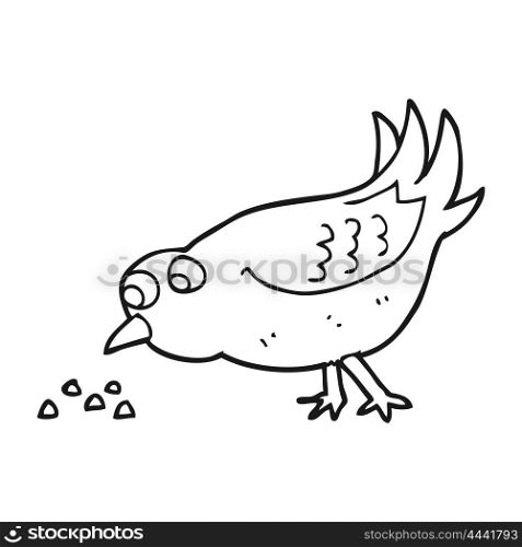 freehand drawn black and white cartoon bird pecking seeds