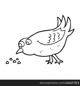 freehand drawn black and white cartoon bird pecking seeds