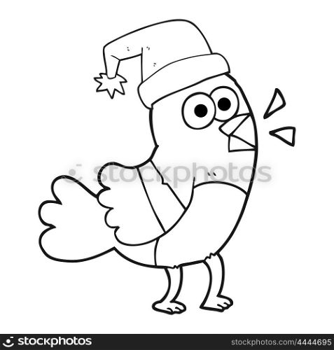 freehand drawn black and white cartoon bird wearing christmas hat