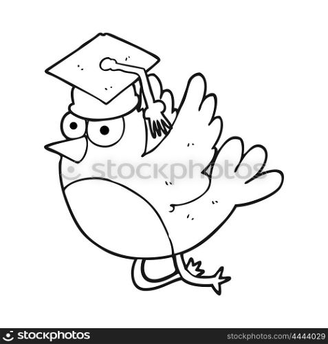 freehand drawn black and white cartoon bird wearing graduation cap