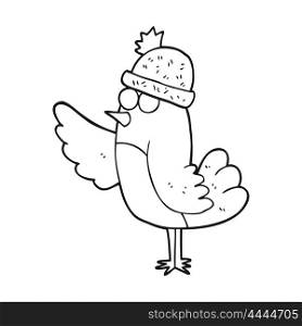 freehand drawn black and white cartoon bird wearing hat