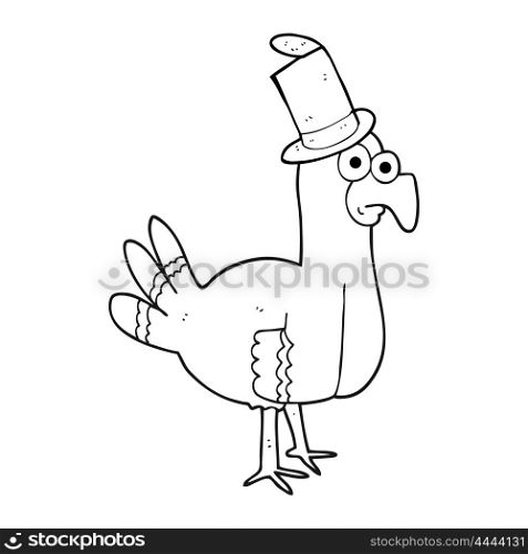 freehand drawn black and white cartoon bird wearing top hat