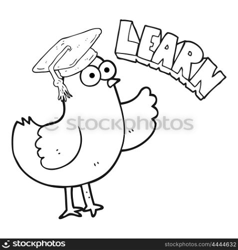 freehand drawn black and white cartoon bird with learn text