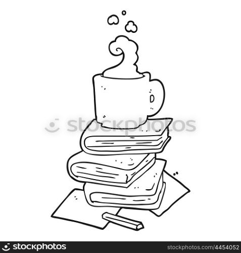 freehand drawn black and white cartoon books and coffee cup