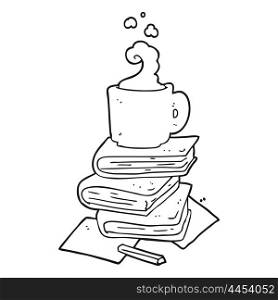 freehand drawn black and white cartoon books and coffee cup