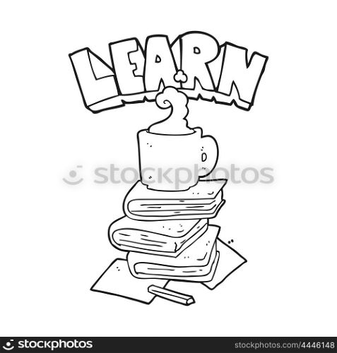 freehand drawn black and white cartoon books and coffee cup under Learn symbol