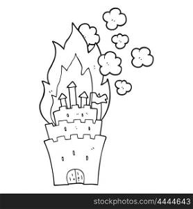 freehand drawn black and white cartoon burning castle