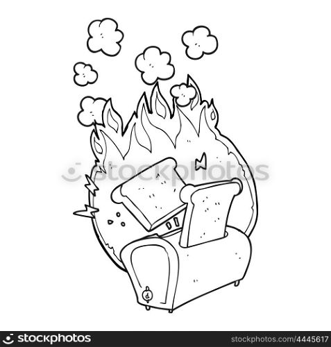 freehand drawn black and white cartoon burning toaster