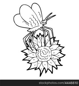 freehand drawn black and white cartoon butterfly on flower