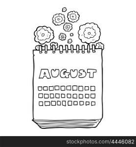freehand drawn black and white cartoon calendar showing month of august