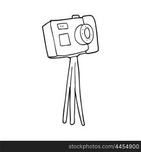 freehand drawn black and white cartoon camera on tripod