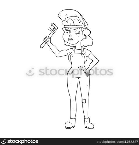 freehand drawn black and white cartoon capable woman with wrench