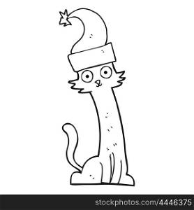 freehand drawn black and white cartoon cat in christmas hat