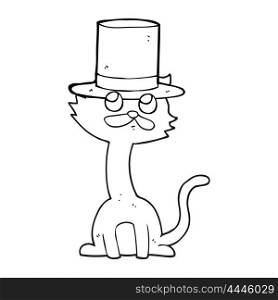 freehand drawn black and white cartoon cat in top hat