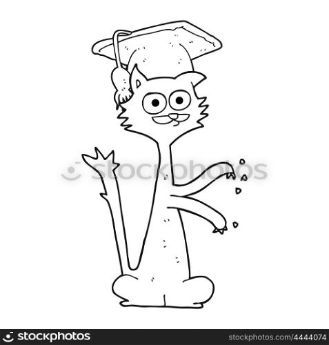 freehand drawn black and white cartoon cat scratching with graduation cap