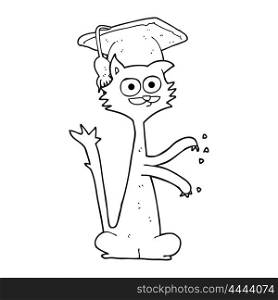 freehand drawn black and white cartoon cat scratching with graduation cap