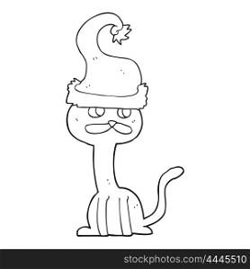 freehand drawn black and white cartoon cat wearing christmas hat