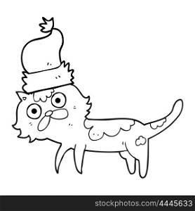 freehand drawn black and white cartoon cat wearing christmas hat