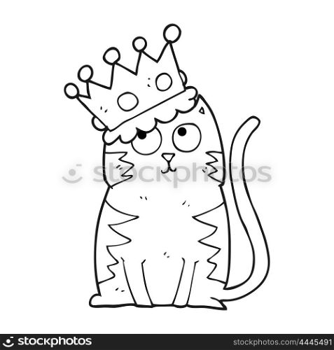 freehand drawn black and white cartoon cat with crown