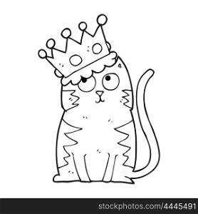 freehand drawn black and white cartoon cat with crown