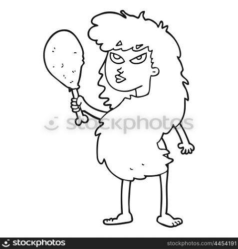 freehand drawn black and white cartoon cavewoman with meat