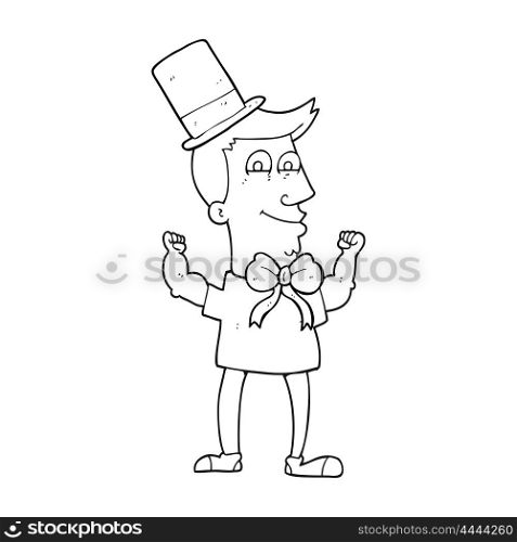 freehand drawn black and white cartoon celebrating man