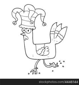 freehand drawn black and white cartoon chicken running in funny hat