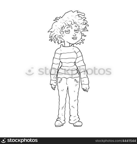 freehand drawn black and white cartoon chilled out girl
