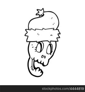 freehand drawn black and white cartoon christmas hat on skull