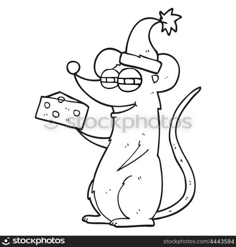 freehand drawn black and white cartoon christmas mouse