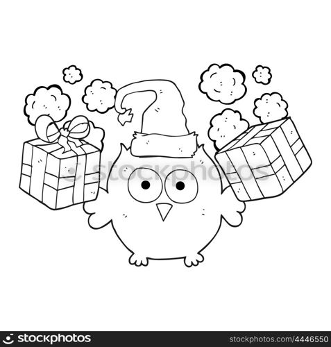 freehand drawn black and white cartoon christmas owl