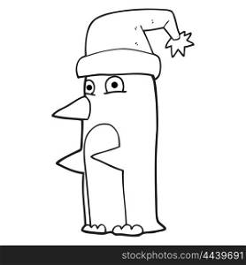 freehand drawn black and white cartoon christmas penguin