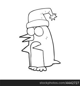 freehand drawn black and white cartoon christmas penguin
