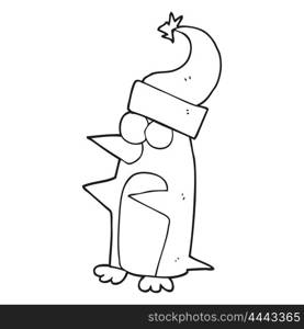 freehand drawn black and white cartoon christmas penguin