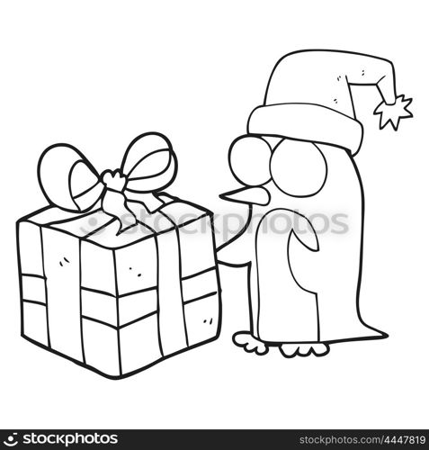 freehand drawn black and white cartoon christmas penguin with present