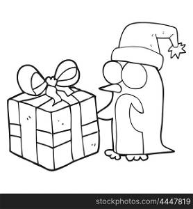 freehand drawn black and white cartoon christmas penguin with present
