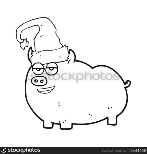 freehand drawn black and white cartoon christmas pig