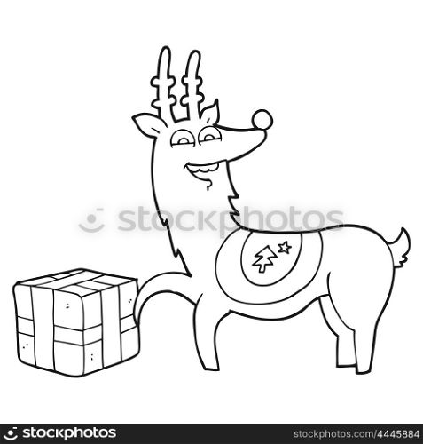 freehand drawn black and white cartoon christmas reindeer with present