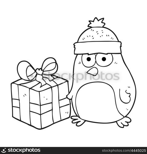 freehand drawn black and white cartoon christmas robin